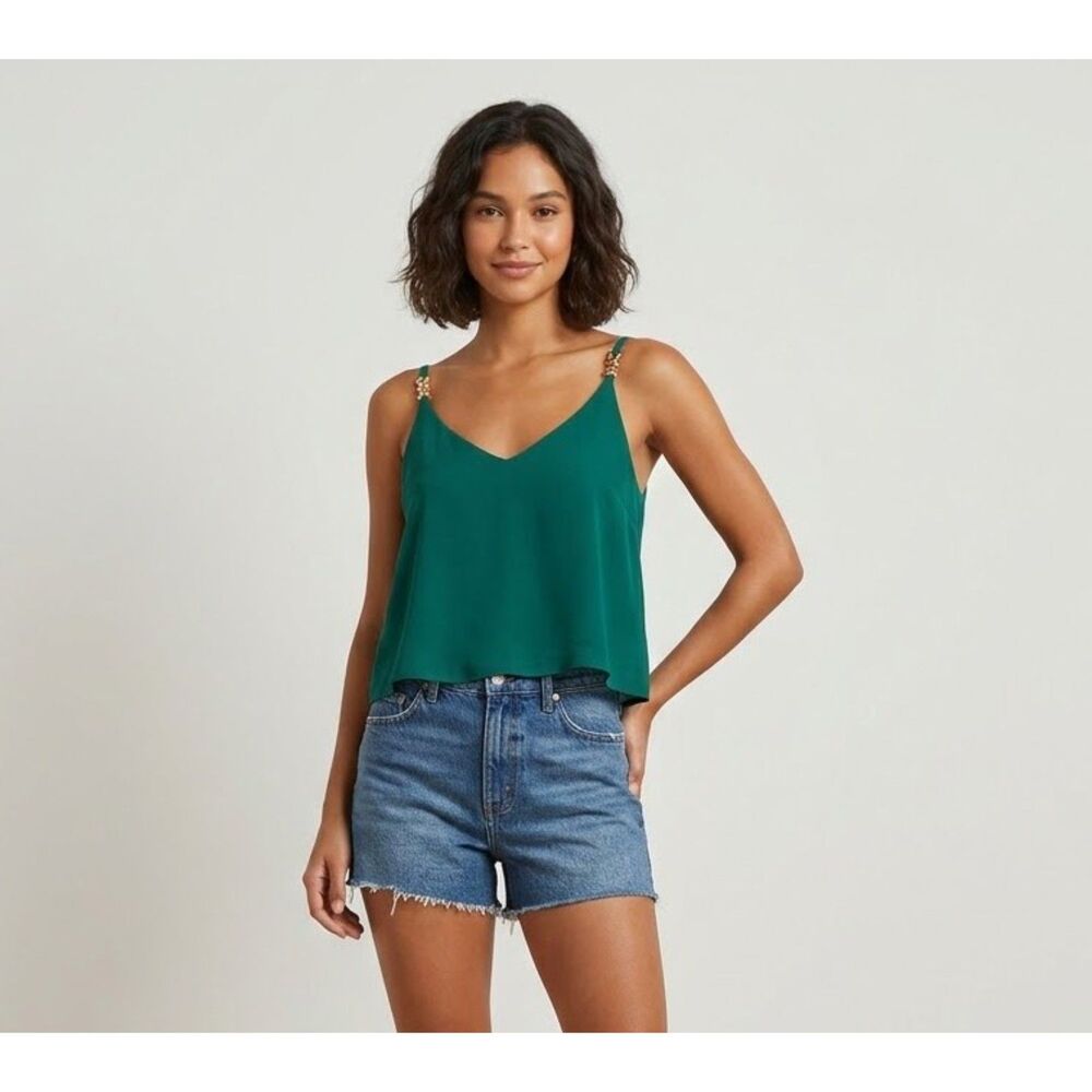 Naked Zebra Dark Emerald V-Neck Cami Tank with Gold Chain Detail SZ M